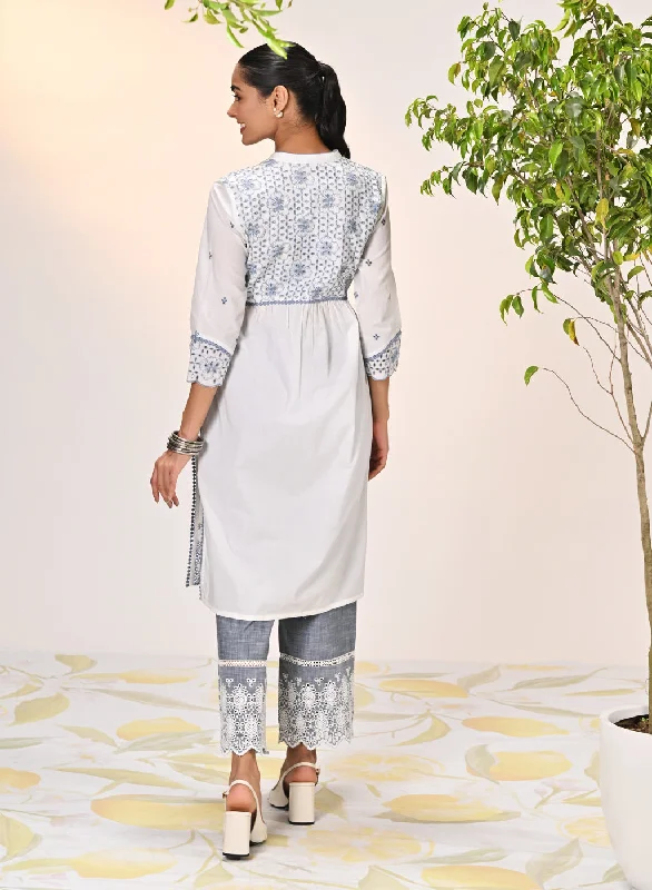 Rozana Ivory With Blue Embroidered Schiffli Kurta For Women