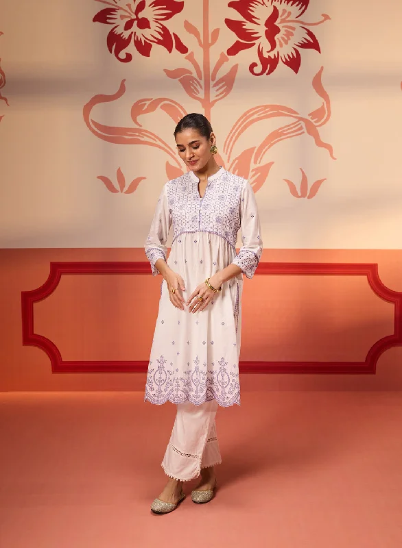 Rozana Ivory With Lavender Embroidered Schiffli Kurta For Women