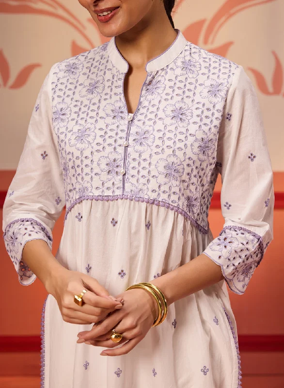 Rozana Ivory With Lavender Embroidered Schiffli Kurta For Women