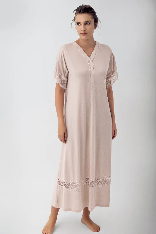 Shopymommy 16111 Lace Sleeve Maternity & Nursing Nightgown Beige