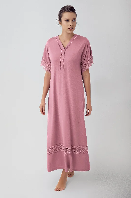 Shopymommy 16111 Lace Sleeve Maternity & Nursing Nightgown Dried Rose