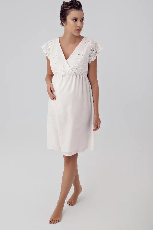 Shopymommy 16113 Woven Double Breasted Maternity & Nursing Nightgown Ecru