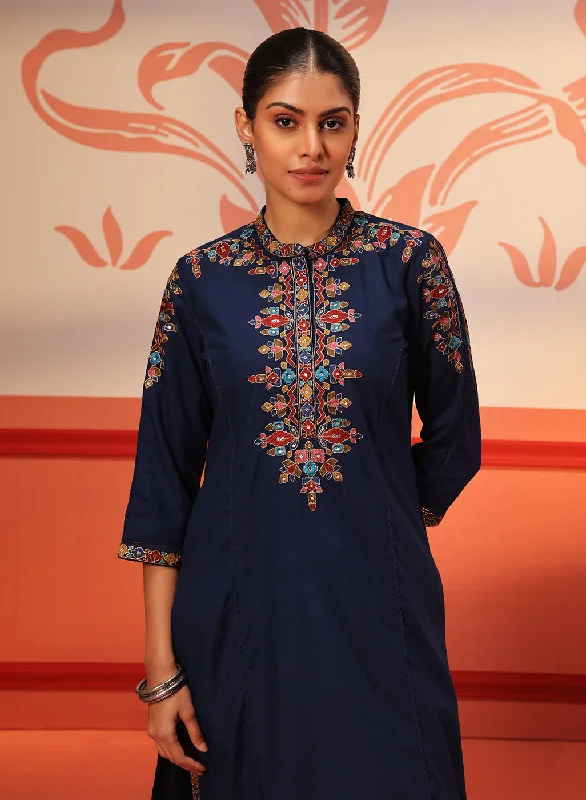 Shyla Navy Blue Embroidered Cotton Linen Tunic Set for Women