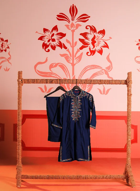 Shyla Navy Blue Embroidered Cotton Linen Tunic Set for Women