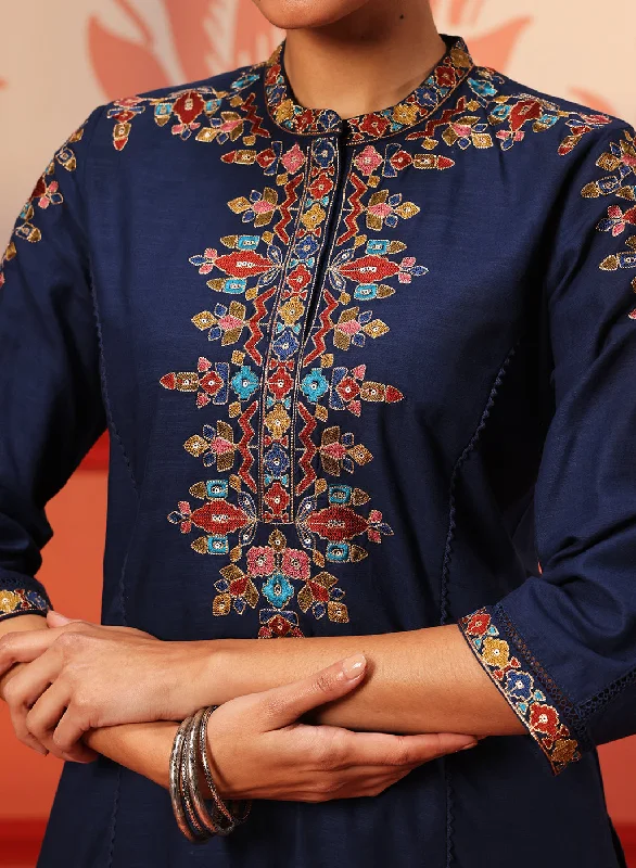 Shyla Navy Blue Embroidered Cotton Linen Tunic Set for Women