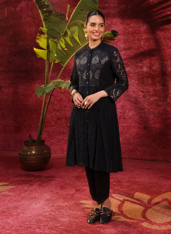 Sitara Black Embroidered Raschel Net Designer Kurta