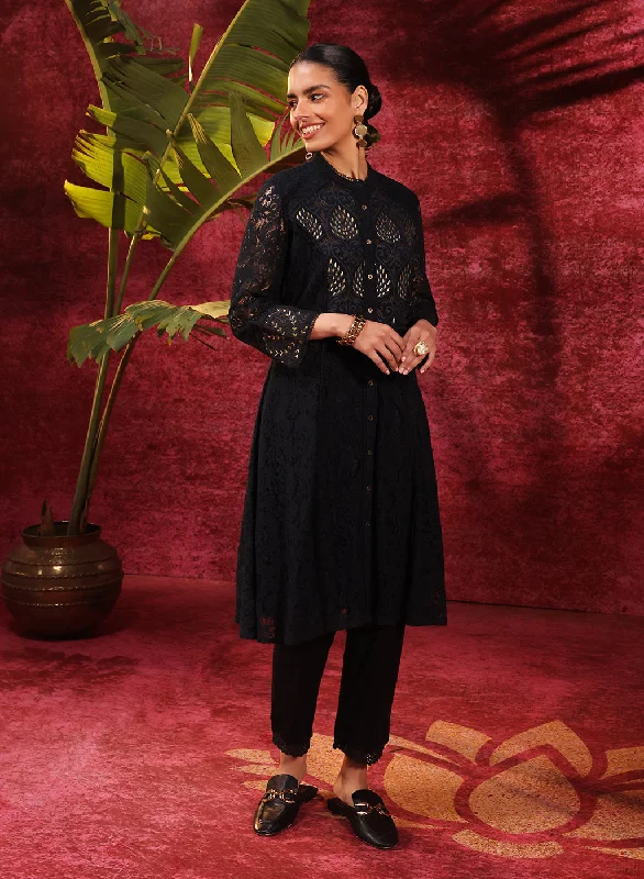 Sitara Black Embroidered Raschel Net Designer Kurta