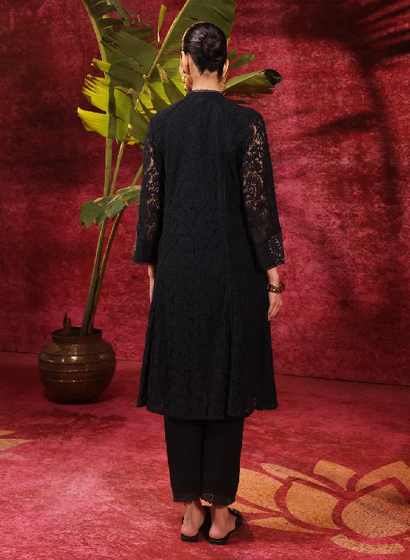 Sitara Black Embroidered Raschel Net Designer Kurta