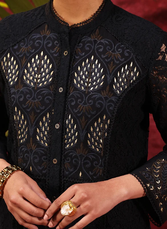 Sitara Black Embroidered Raschel Net Designer Kurta