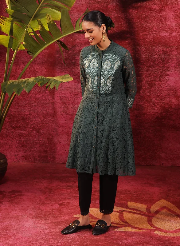 Sitara Forest Green Embroidered Raschel Net Designer Kurta