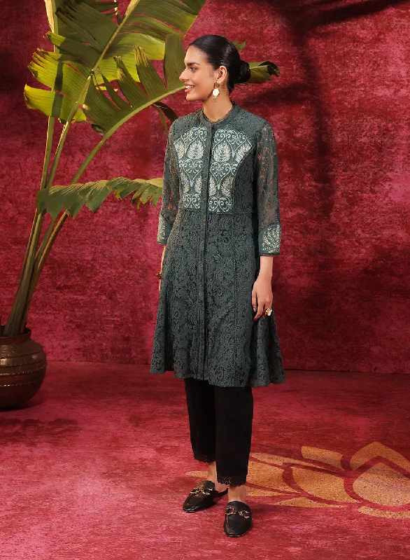 Sitara Forest Green Embroidered Raschel Net Designer Kurta