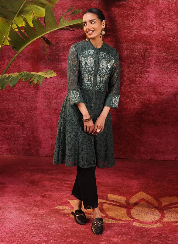 Sitara Forest Green Embroidered Raschel Net Designer Kurta