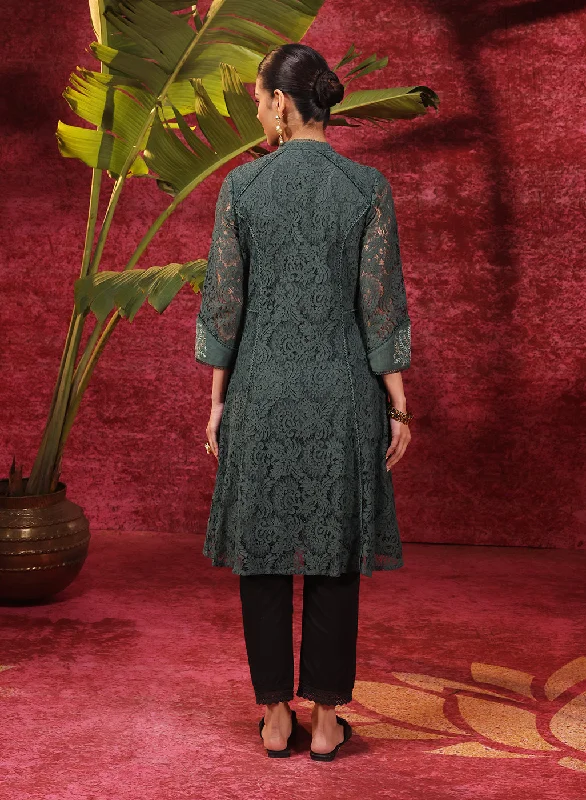 Sitara Forest Green Embroidered Raschel Net Designer Kurta