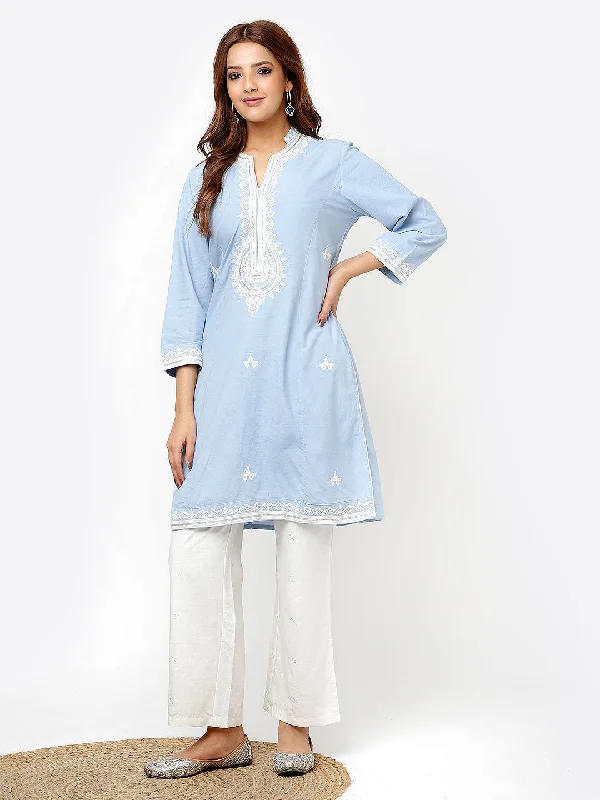 Spa Blue V-Neck Kurti with Dori Embroidery & Sequins Work