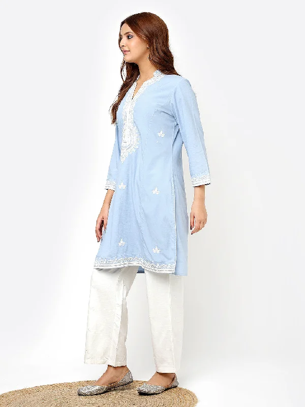 Spa Blue V-Neck Kurti with Dori Embroidery & Sequins Work