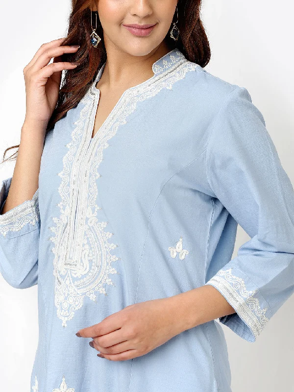 Spa Blue V-Neck Kurti with Dori Embroidery & Sequins Work