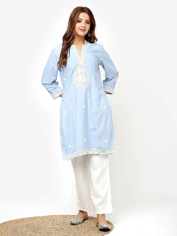 Spa Blue V-Neck Kurti with Dori Embroidery & Sequins Work