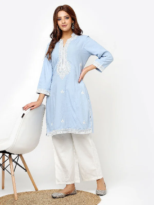 Spa Blue V-Neck Kurti with Dori Embroidery & Sequins Work