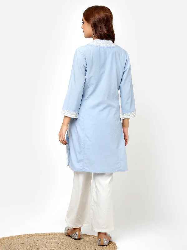 Spa Blue V-Neck Kurti with Dori Embroidery & Sequins Work