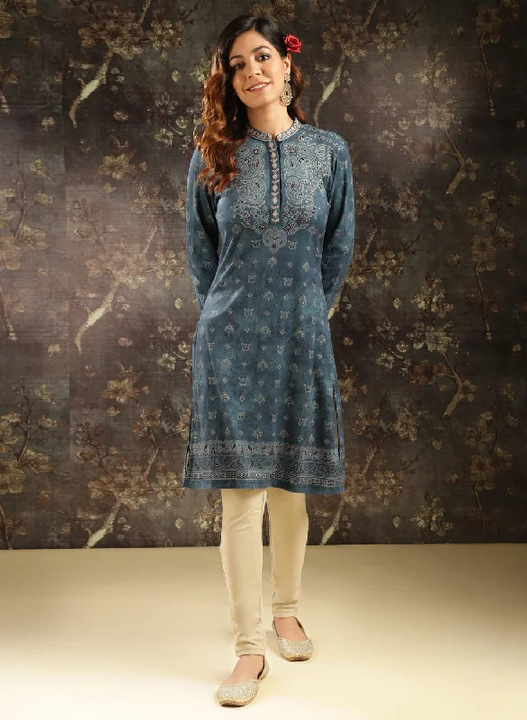 Steel Blue Printed Woolen Kurti for Women