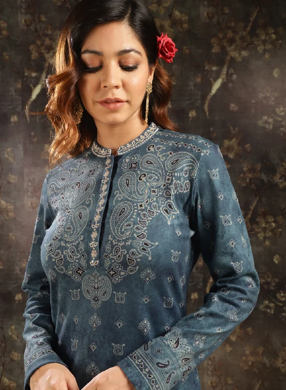 Steel Blue Printed Woolen Kurti for Women