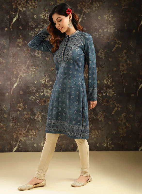 Steel Blue Printed Woolen Kurti for Women