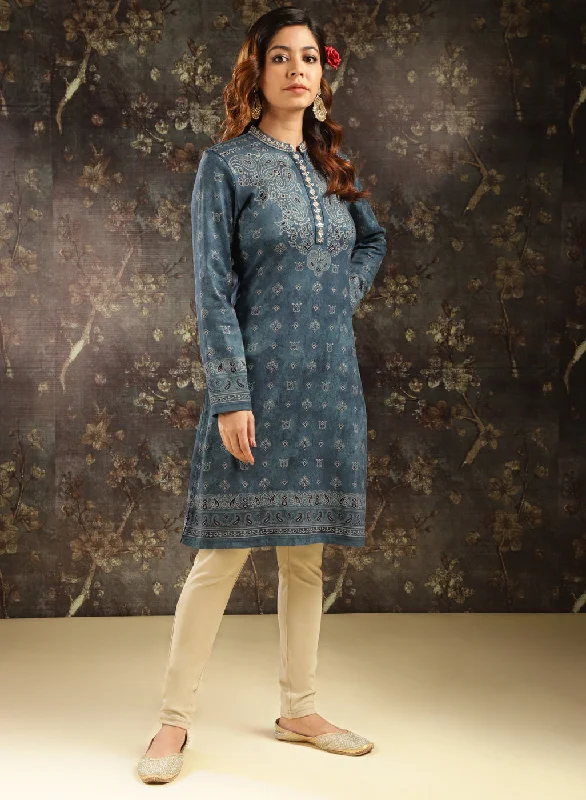 Steel Blue Printed Woolen Kurti for Women