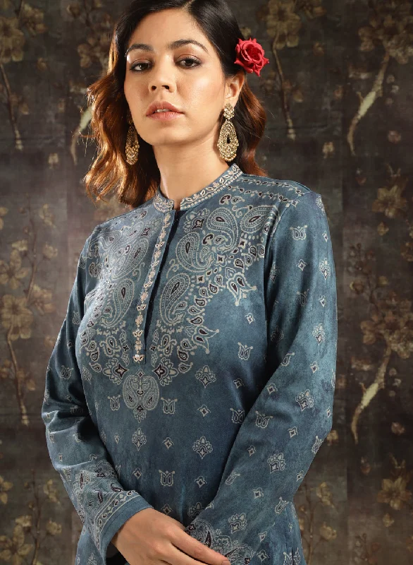 Steel Blue Printed Woolen Kurti for Women