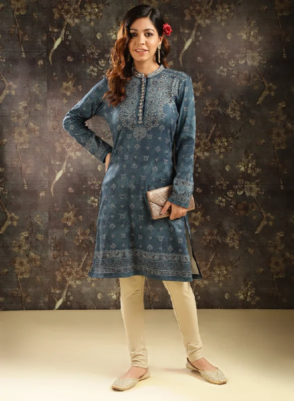 Steel Blue Printed Woolen Kurti for Women