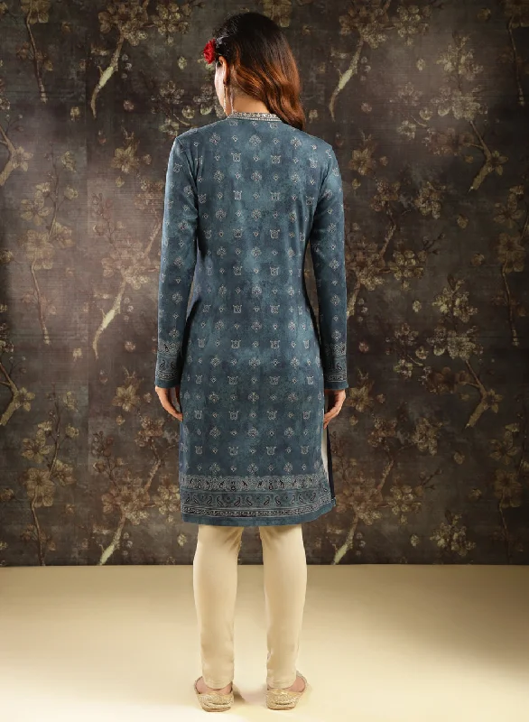 Steel Blue Printed Woolen Kurti for Women