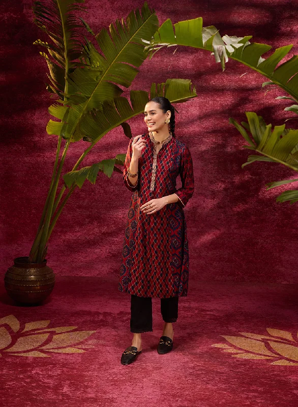 Taara Red Printed Viscose Silk Indo-Western Dress for Women