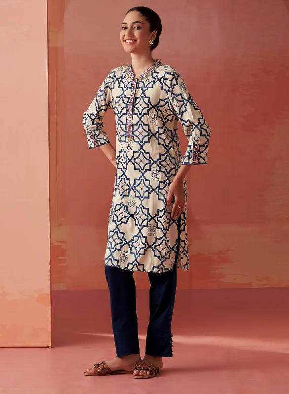 Tisha Teal Blue Printed Rayon Straight Mirror Work Kurta