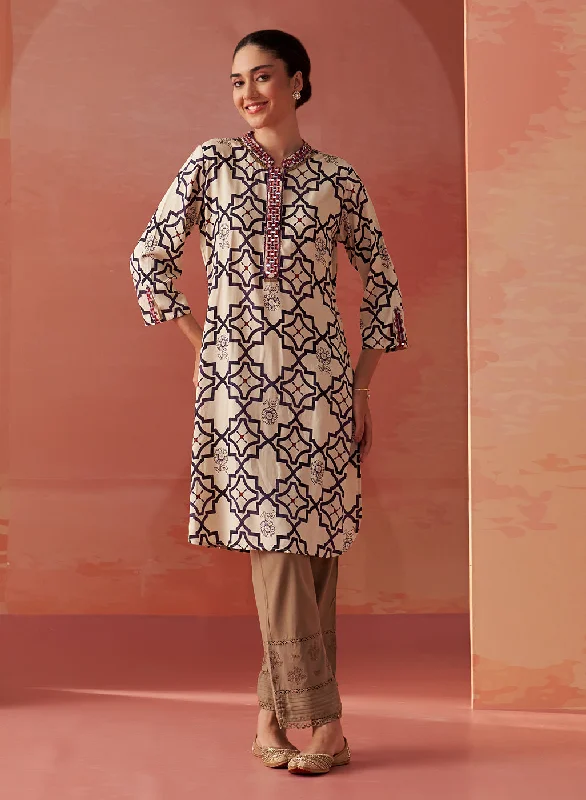 Tisha Purple Printed Rayon Straight Mirror Work Kurta