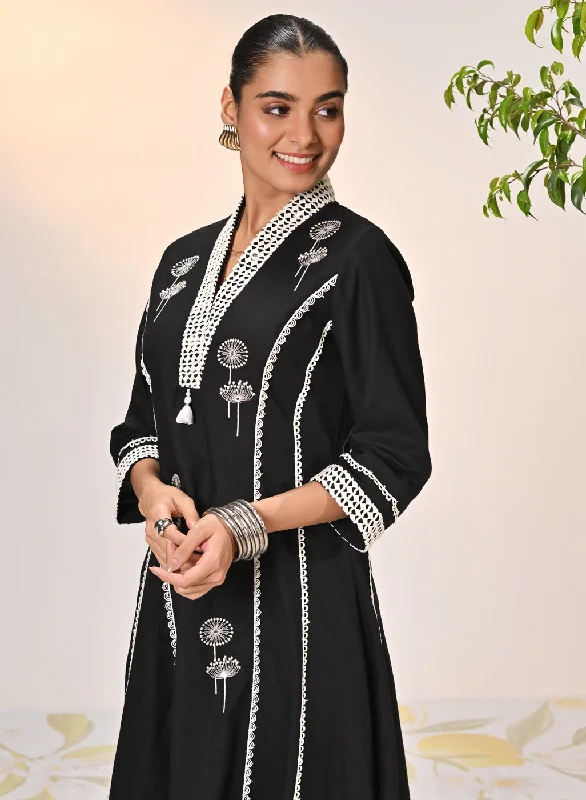 Zainab Black Embroidered Cotton Linen Indo-western Dress for Women