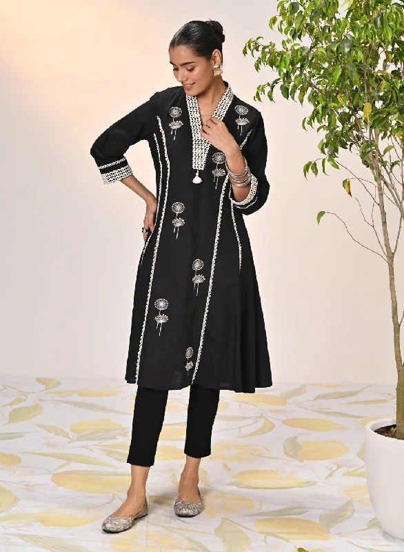 Zainab Black Embroidered Cotton Linen Indo-western Dress for Women