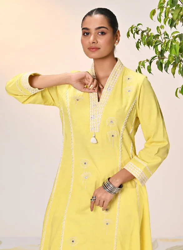 Zainab Lemon Embroidered Cotton Linen Indo-western Dress for Women