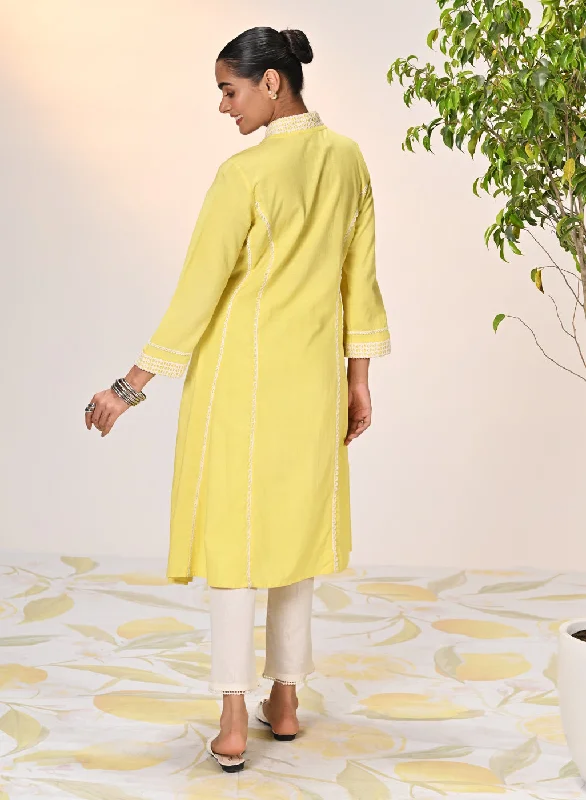 Zainab Lemon Embroidered Cotton Linen Indo-western Dress for Women