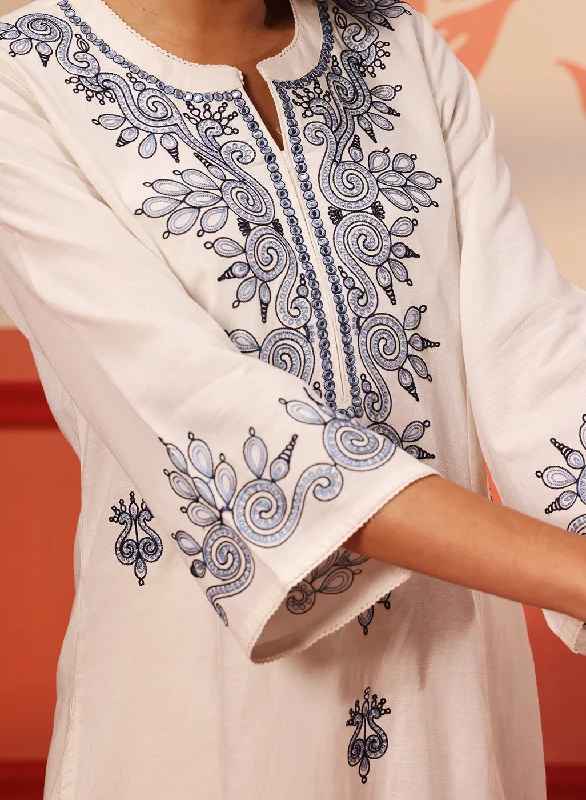 Zariya Ivory Embroidered Cotton Linen Designer Kurta for Women