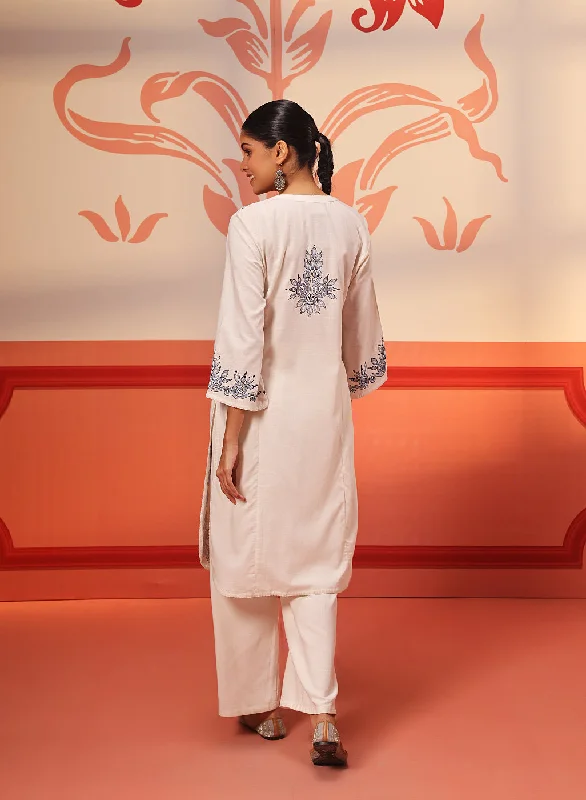 Zariya Ivory Embroidered Cotton Linen Designer Kurta for Women