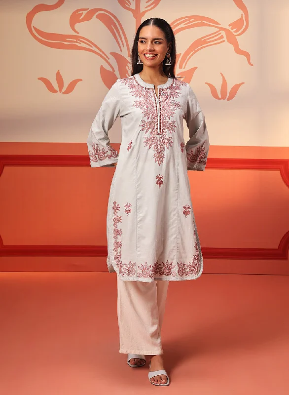 Zariya Powder Blue Embroidered Cotton Linen Designer Kurta for Women