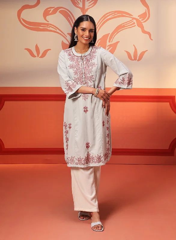 Zariya Powder Blue Embroidered Cotton Linen Designer Kurta for Women