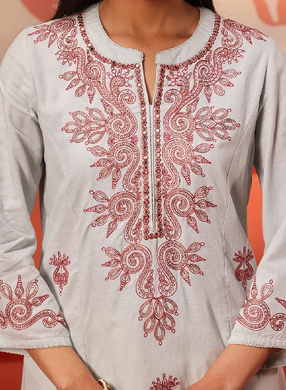 Zariya Powder Blue Embroidered Cotton Linen Designer Kurta for Women