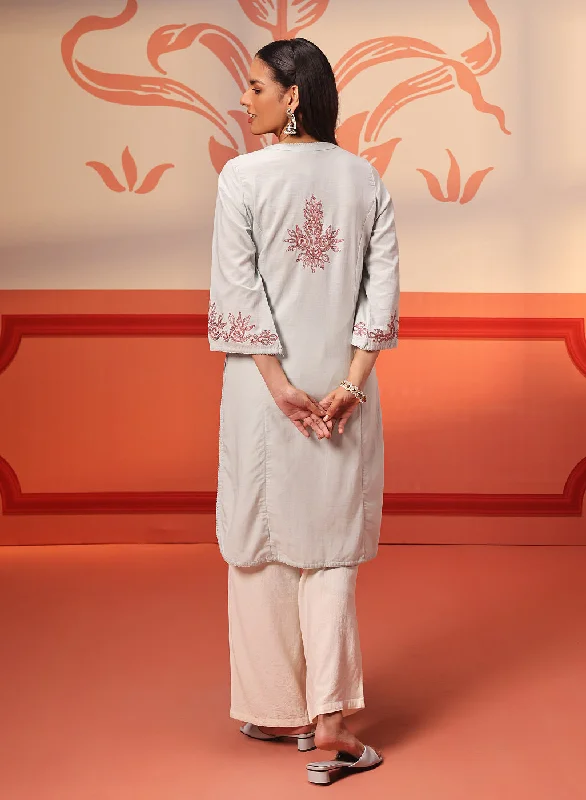 Zariya Powder Blue Embroidered Cotton Linen Designer Kurta for Women