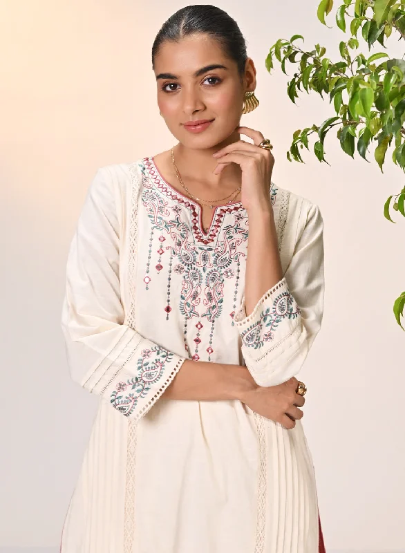 Zayna Ivory Embroidered Cotton Linen Designer Kurta for Women