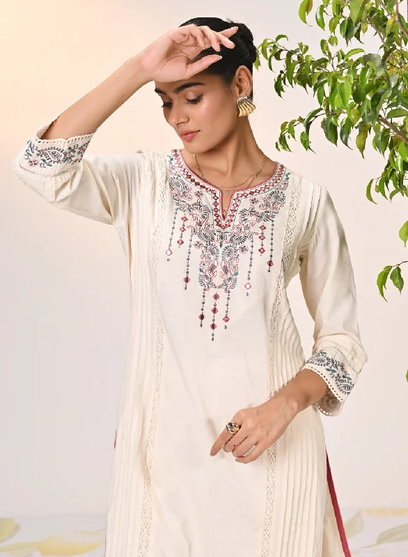 Zayna Ivory Embroidered Cotton Linen Designer Kurta for Women