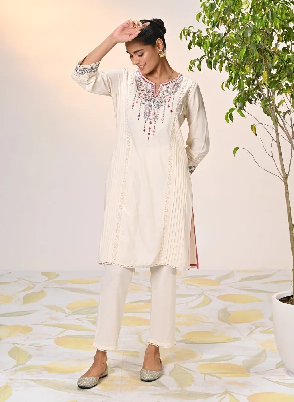 Zayna Ivory Embroidered Cotton Linen Designer Kurta for Women