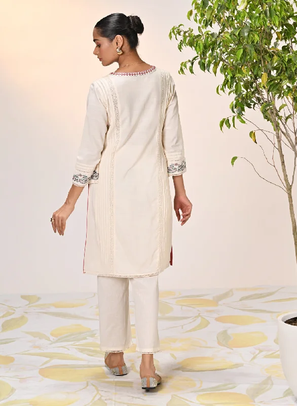 Zayna Ivory Embroidered Cotton Linen Designer Kurta for Women