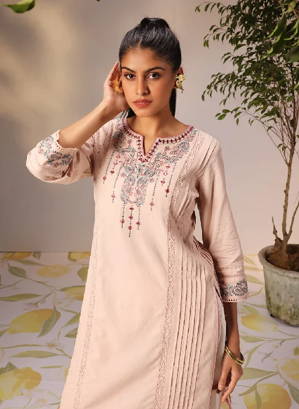 Zayna Salmon Pink Embroidered Cotton Linen Designer Kurta for Women