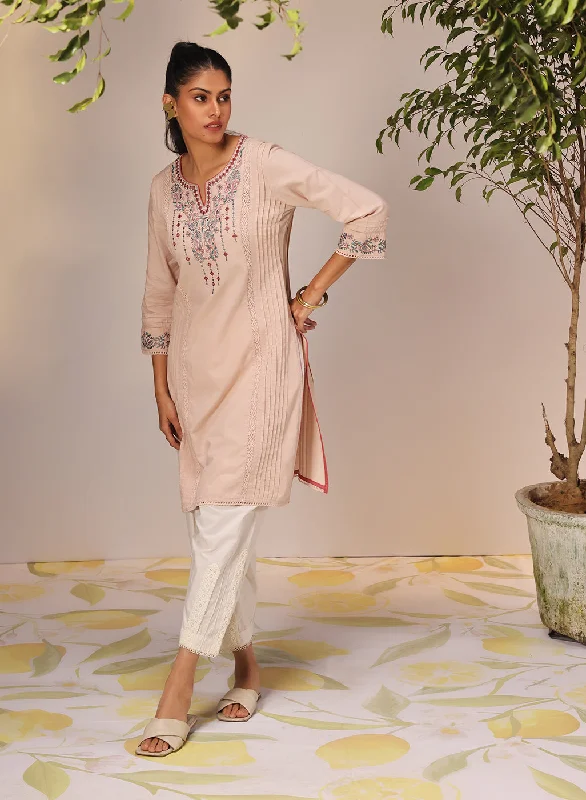 Zayna Salmon Pink Embroidered Cotton Linen Designer Kurta for Women