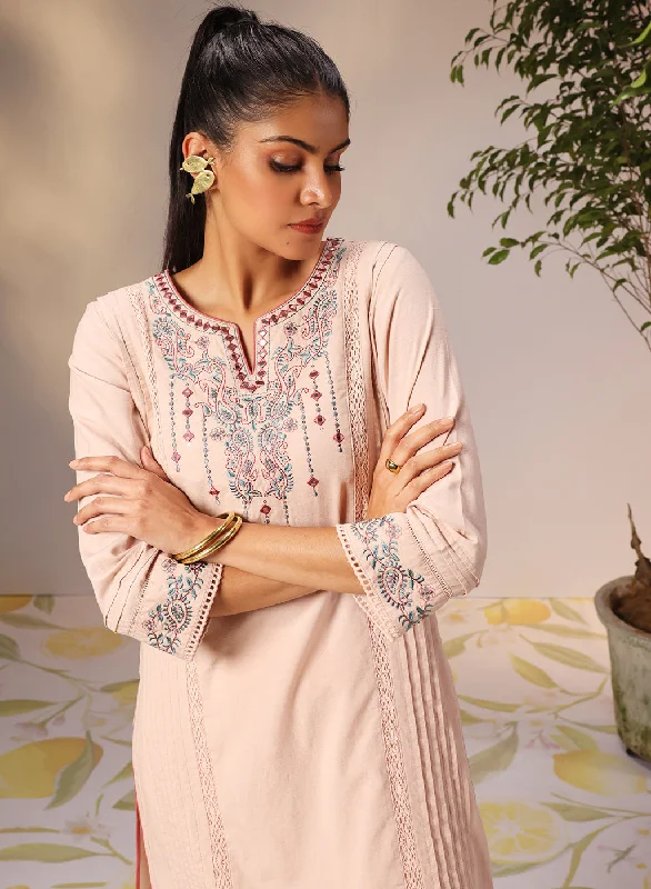 Zayna Salmon Pink Embroidered Cotton Linen Designer Kurta for Women